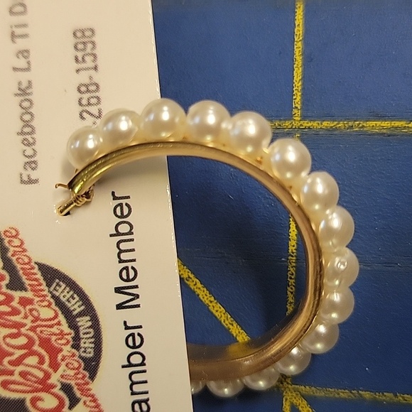 Gold Tone White Pearl Faux Hoop Earrings - Picture 2 of 3